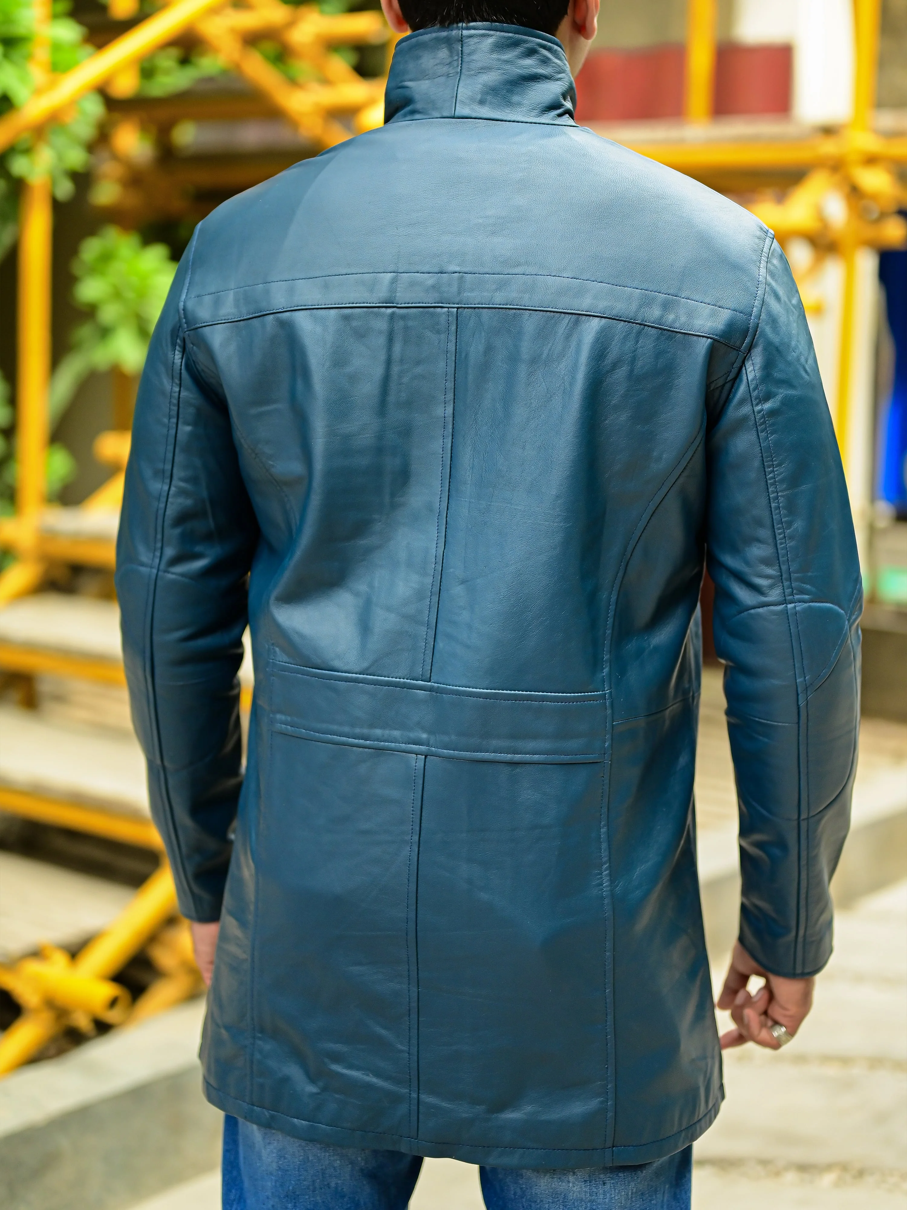 Jild 3/4 Length Blue Trench Leather Car Coats for Men